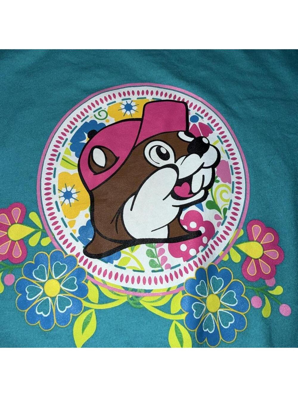 Buc-ee’s Youth M Teal Graphic Tee Enjoy Every Moment Retro Groovy Floral